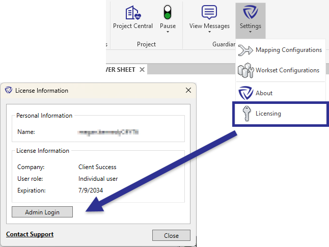 Guardian admin login dialog