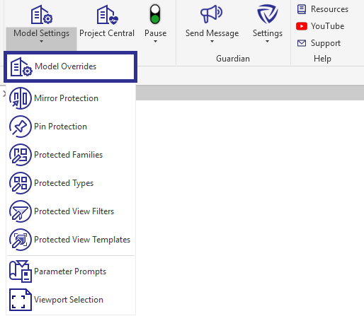 Model Overrides button in Guardian ribbon