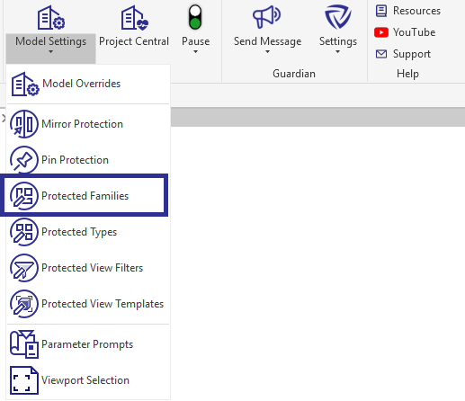 Guardian dropdown with Protected Families highlighted