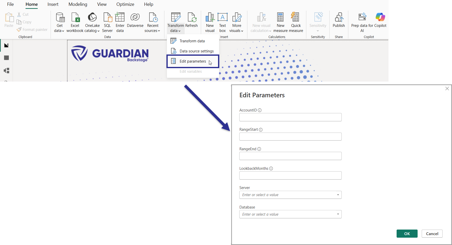 Edit Parameters dialog in Power BI