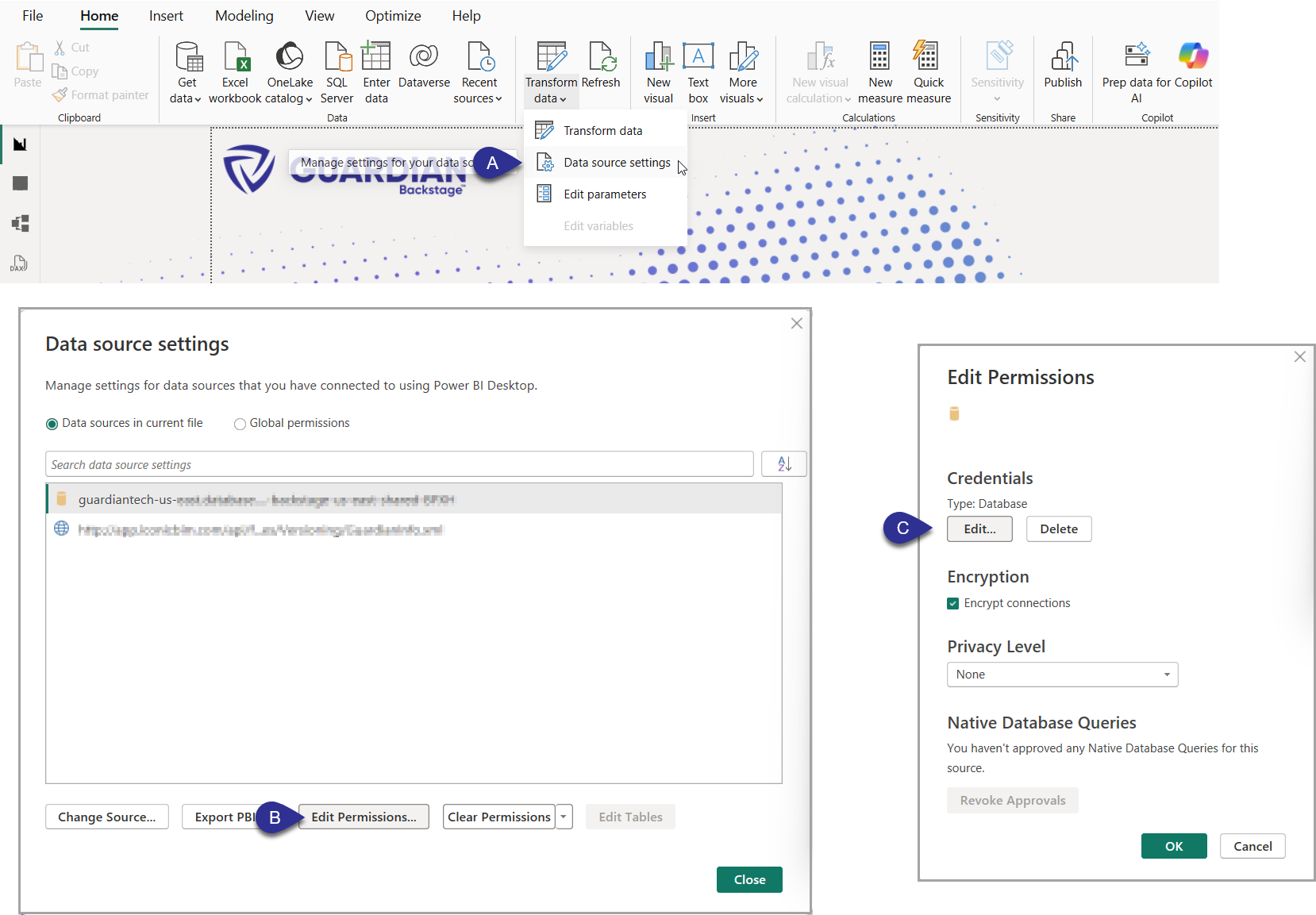 Edit data source settings and credentials in Power BI