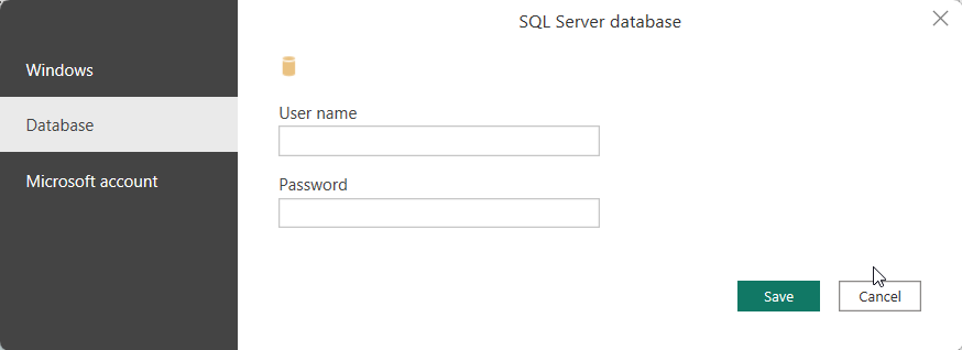 SQL Server database dialog