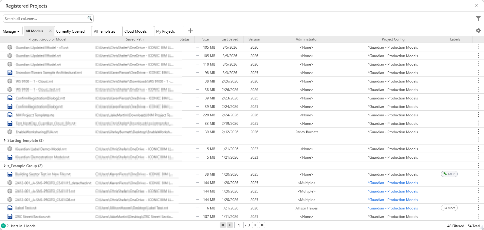 Registered Projects Dialog