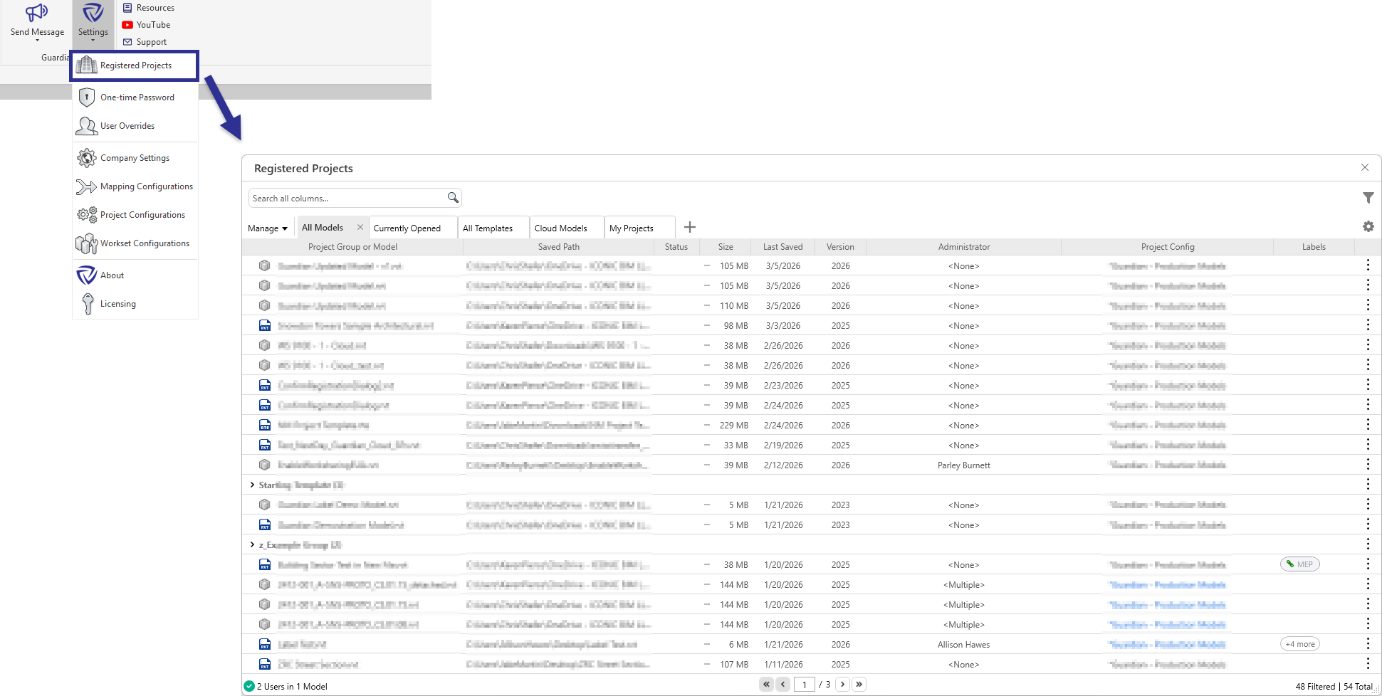 Click Registered Projects under Settings