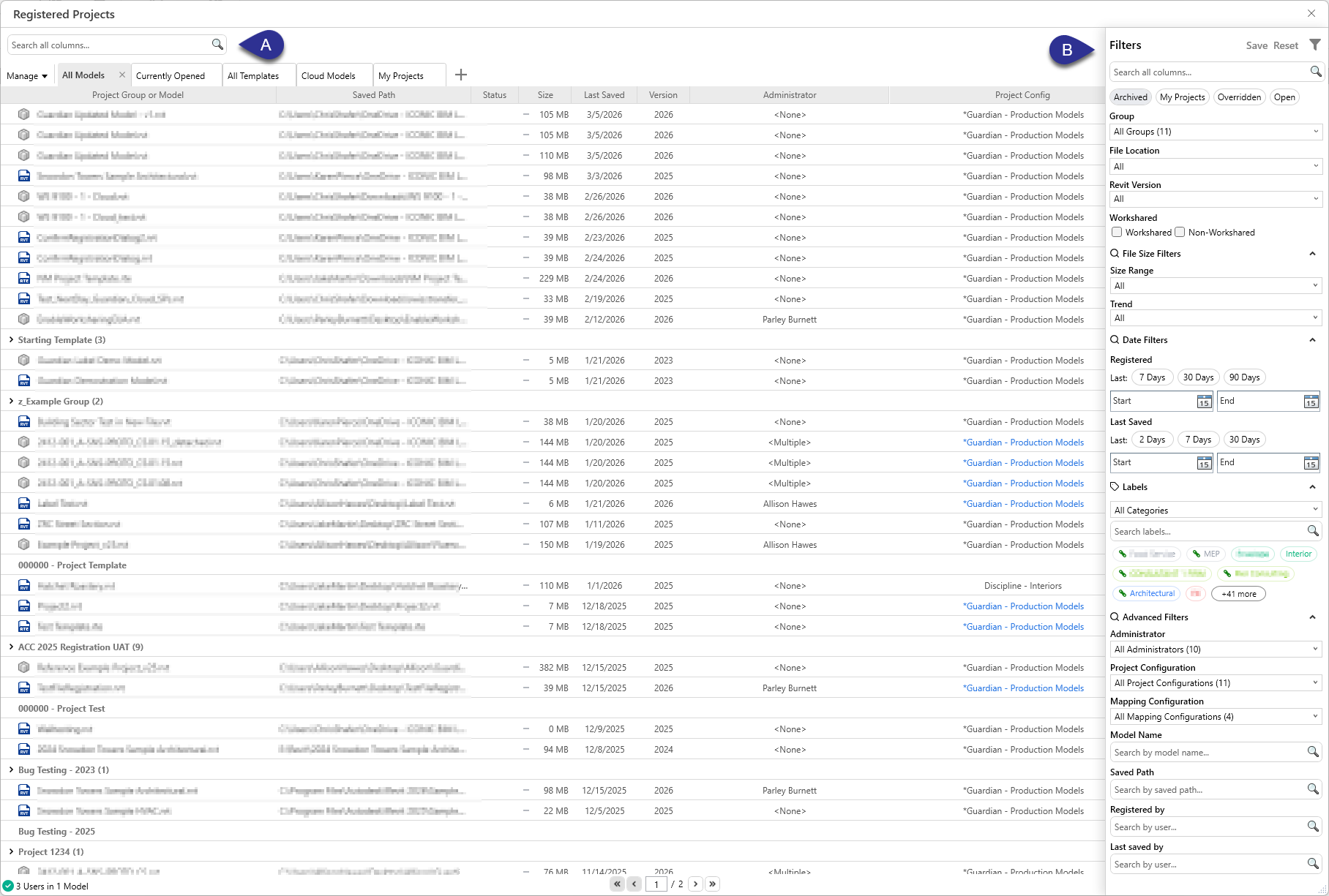 Registered Projects search and filter functions