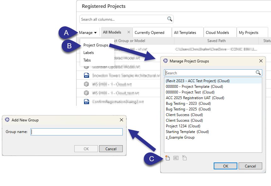Manage project groups in Registered Projects
