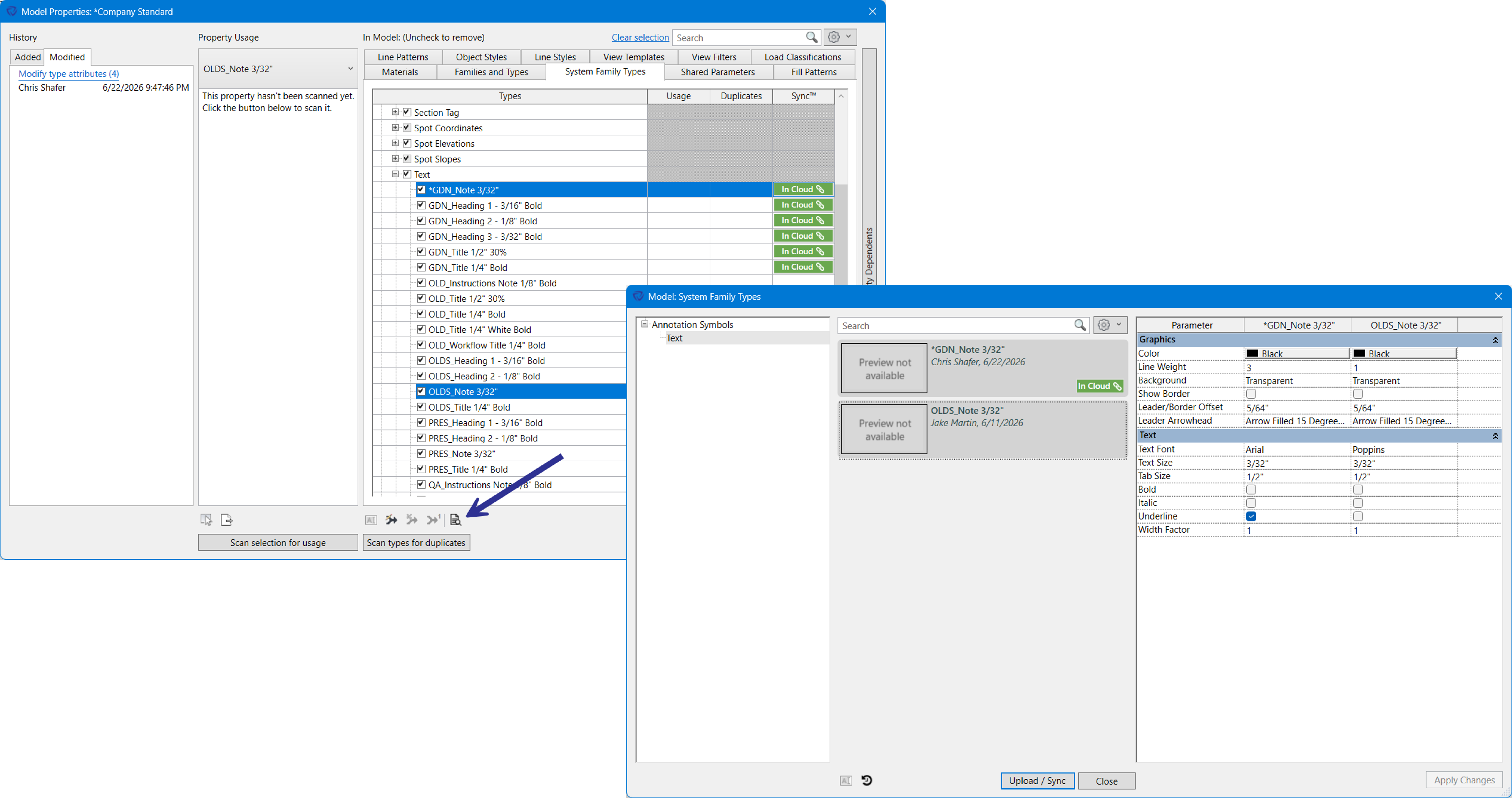 Preview system family types dialog
