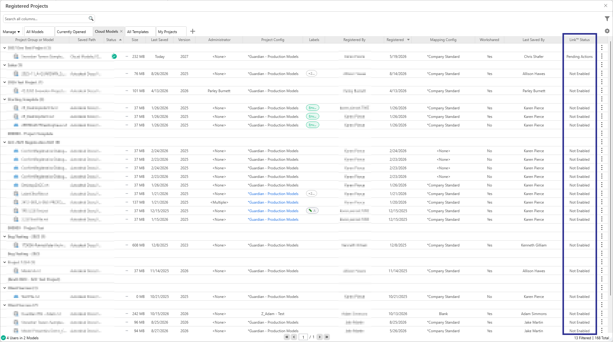 Link Status in Registered Projects