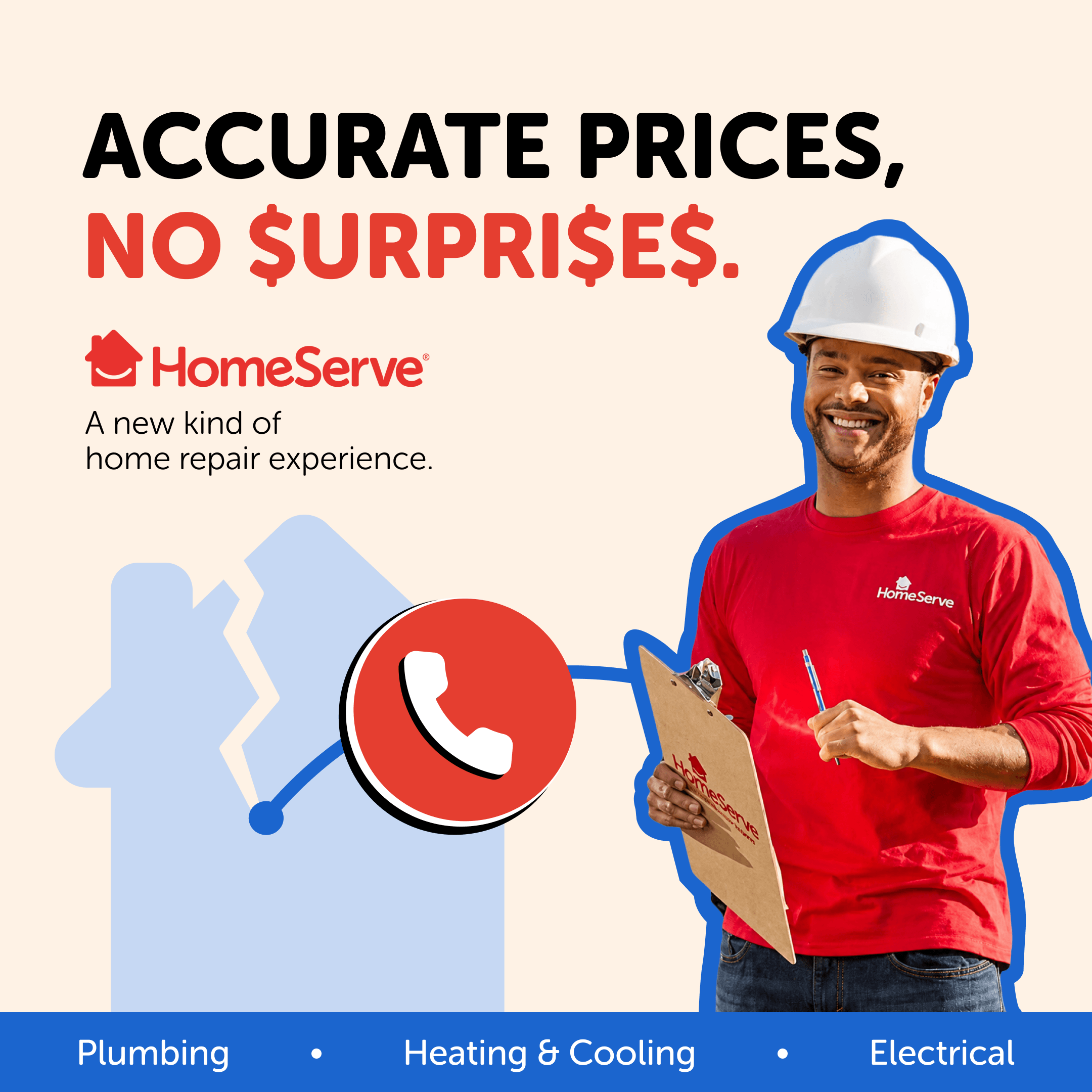 Smiling HomeServe tech in a hard hat and red shirt holding a clipboard promoting no surprise home repair prices.