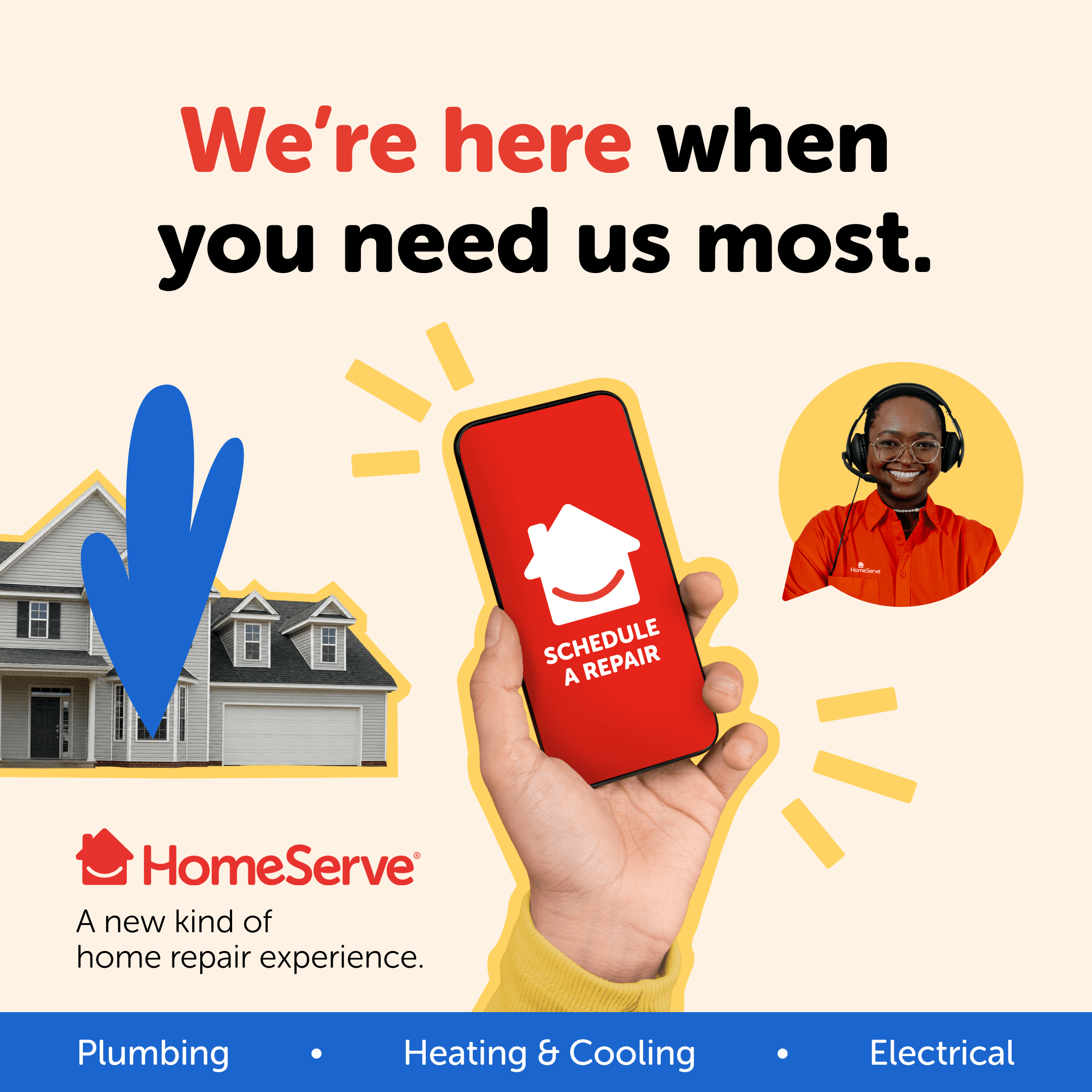 Hand holding phone showing Schedule a Repair app, HomeServe logo, house, and smiling customer service rep.