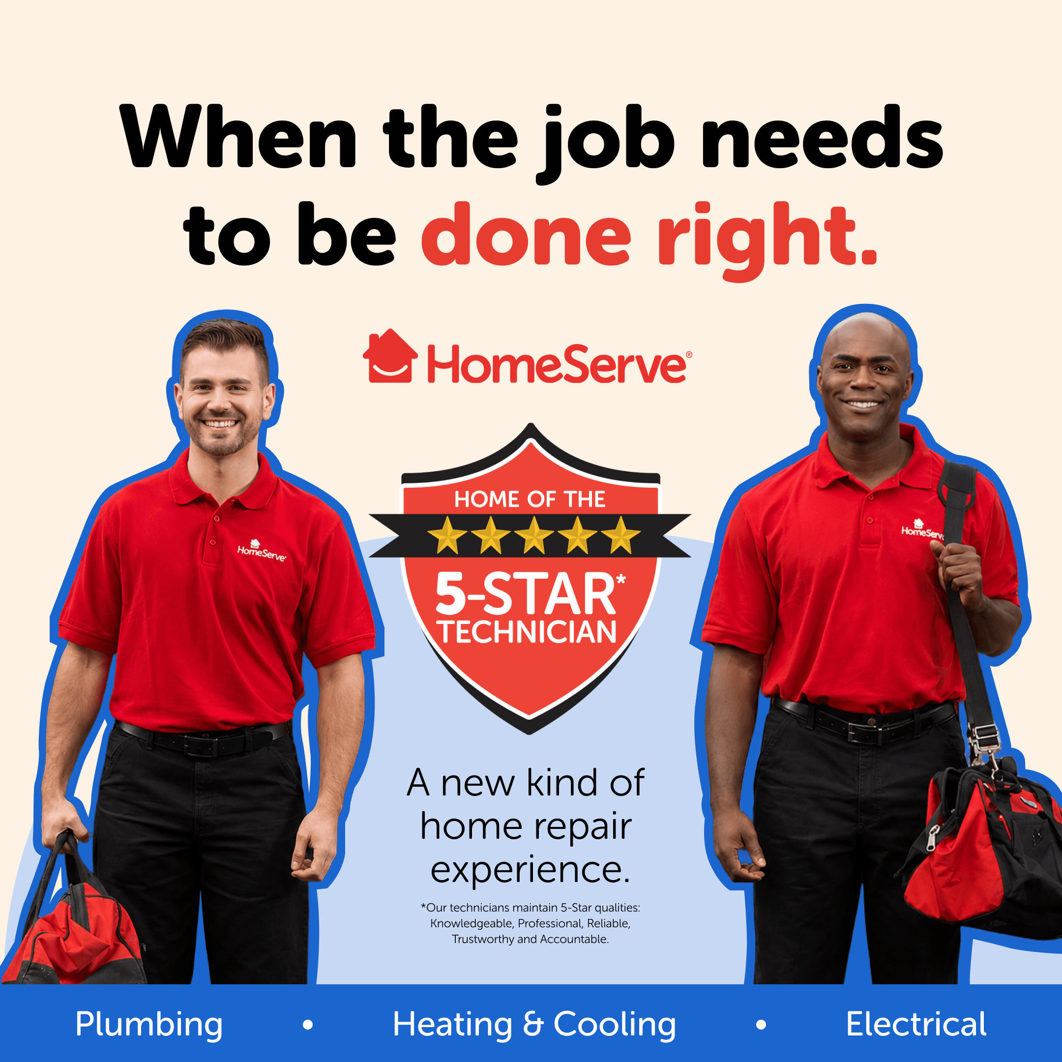 Two HomeServe technicians in red shirts holding tool bags with 5-star technician badge and service text.