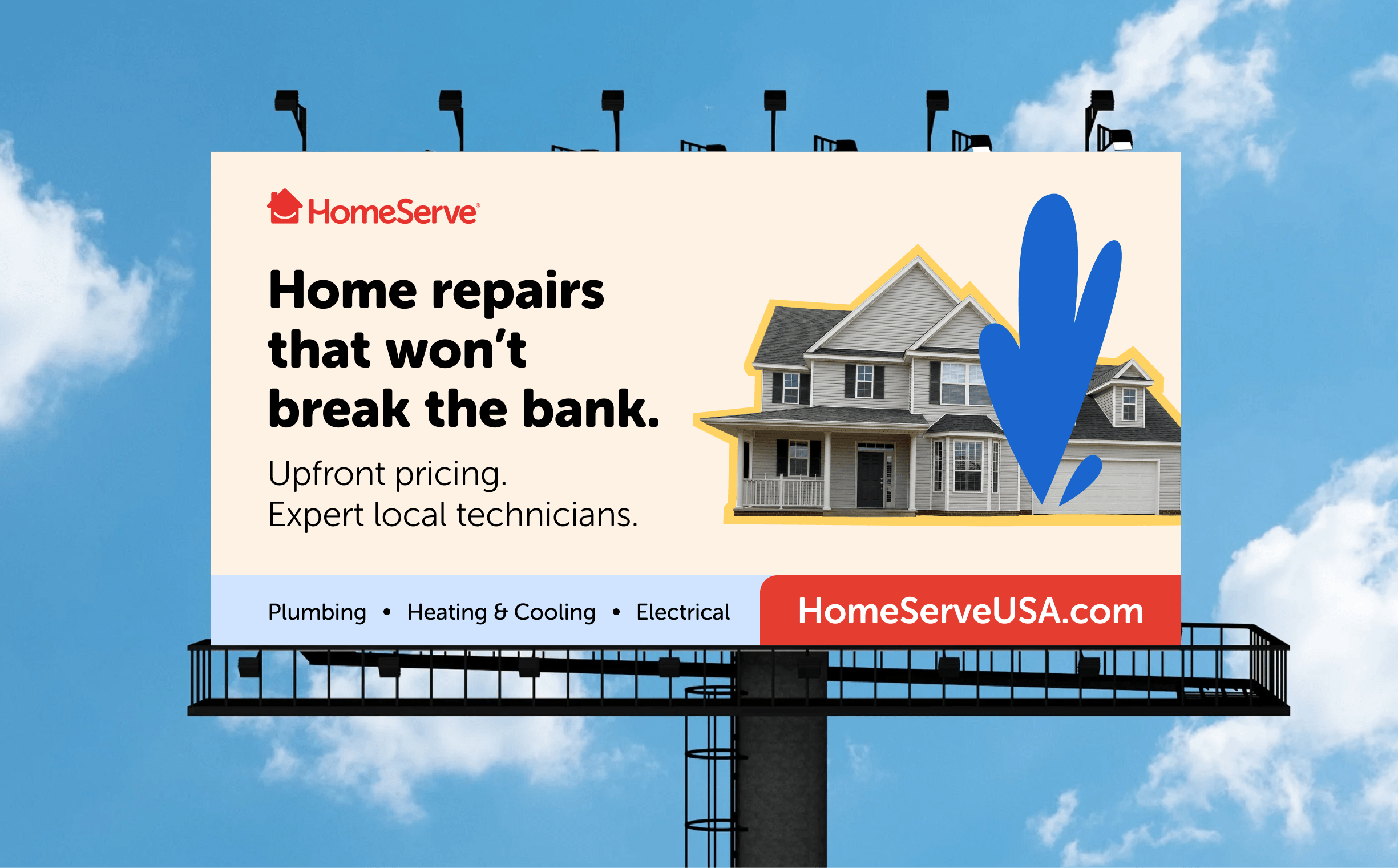 Billboard for HomeServe offering affordable home repairs with upfront pricing and expert local technicians.