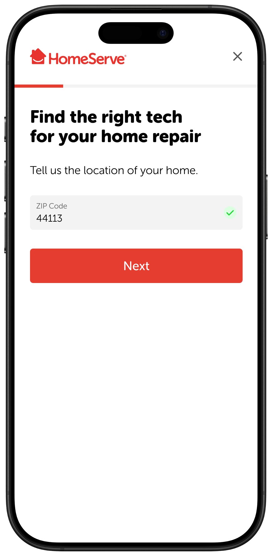 Mobile screen for HomeServe app asking to enter ZIP code 44113 to find tech for home repair.