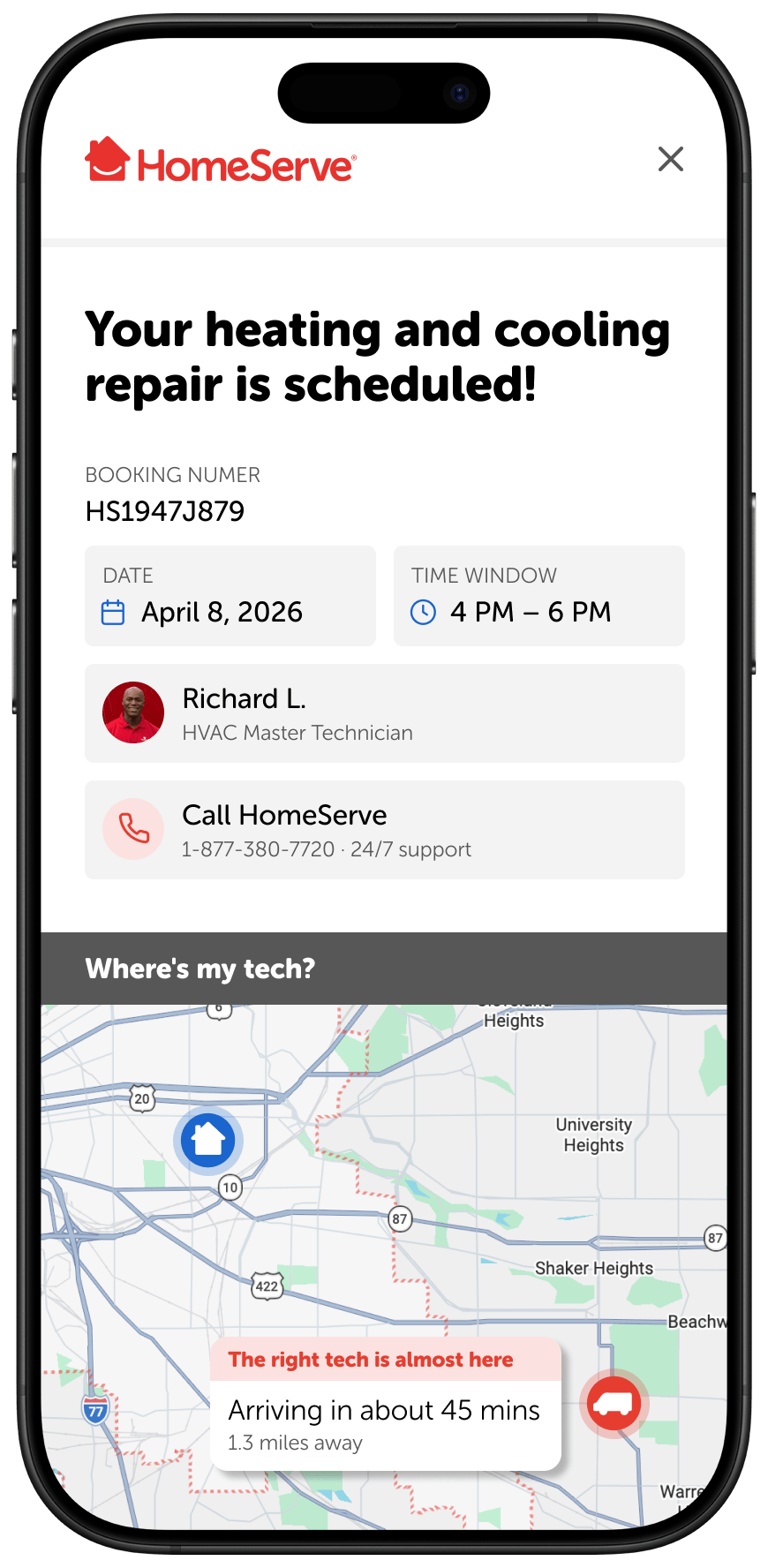 Mobile screen showing HomeServe heating repair scheduled for April 8, 2026, 4-6 PM with technician Richard L. on map.