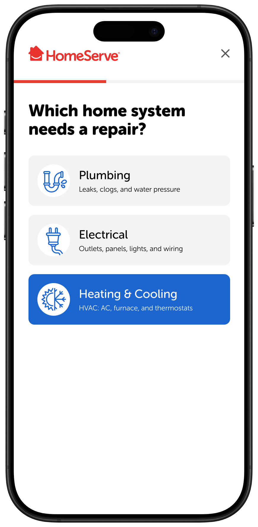 Mobile screen asking which home system needs repair: Plumbing, Electrical, or Heating & Cooling HVAC.