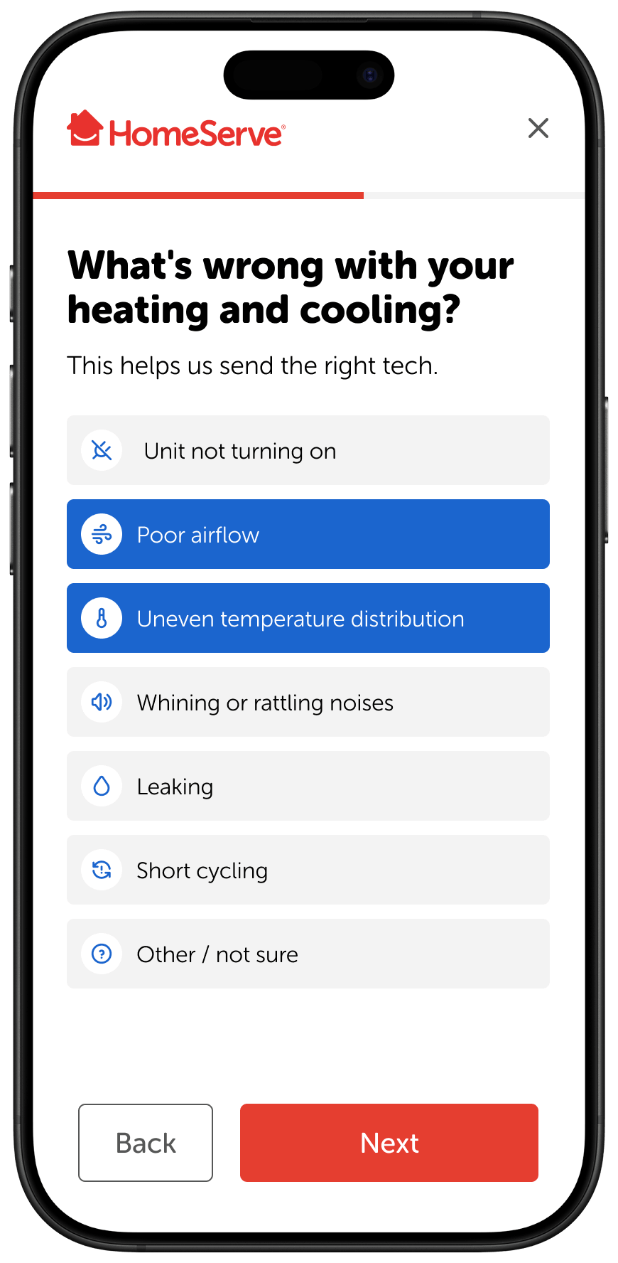 HomeServe heating and cooling issue screen showing options, with poor airflow and uneven temperature selected.