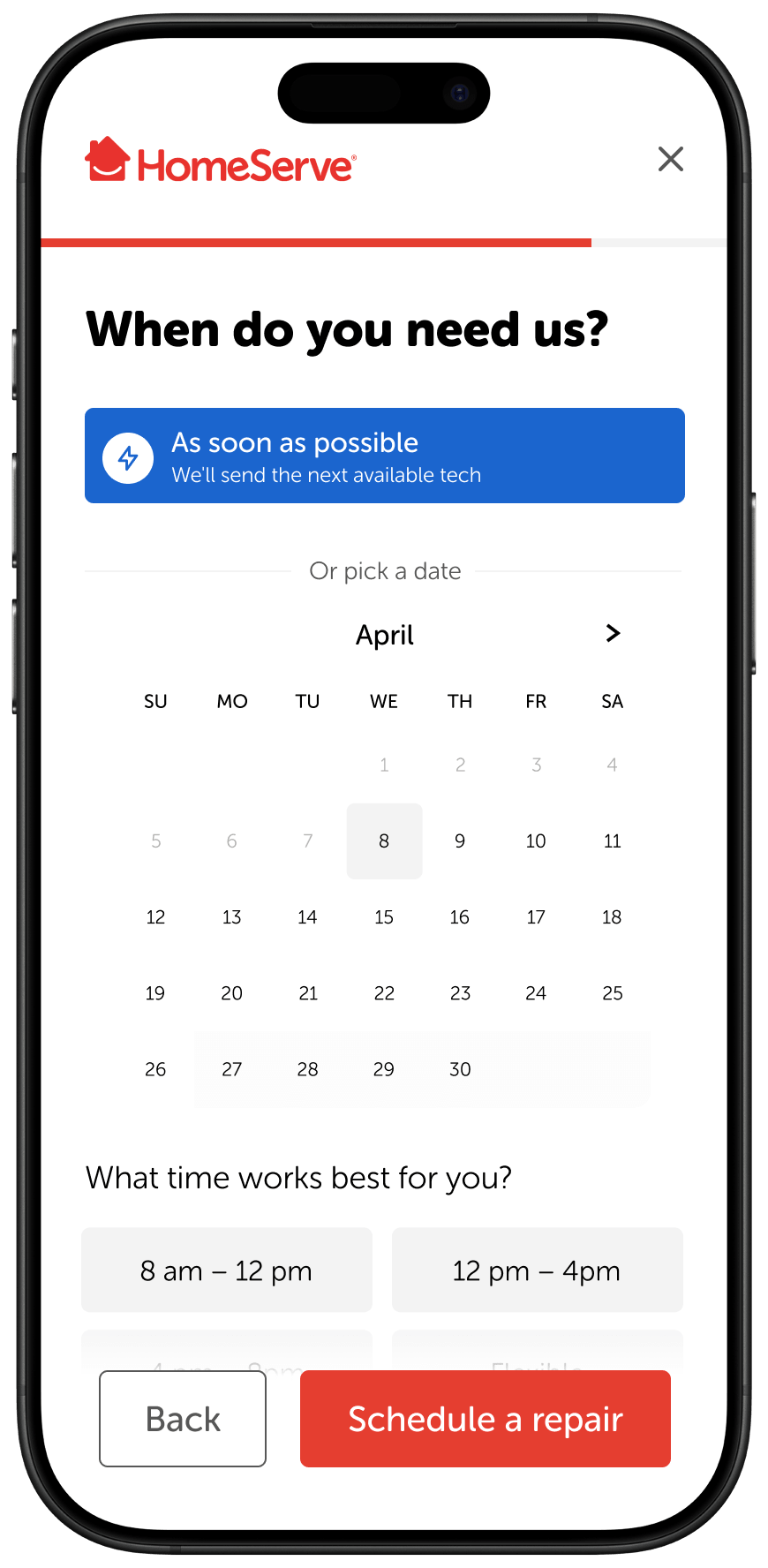 HomeServe app screen showing scheduling options including date picker and time slots for repair service.