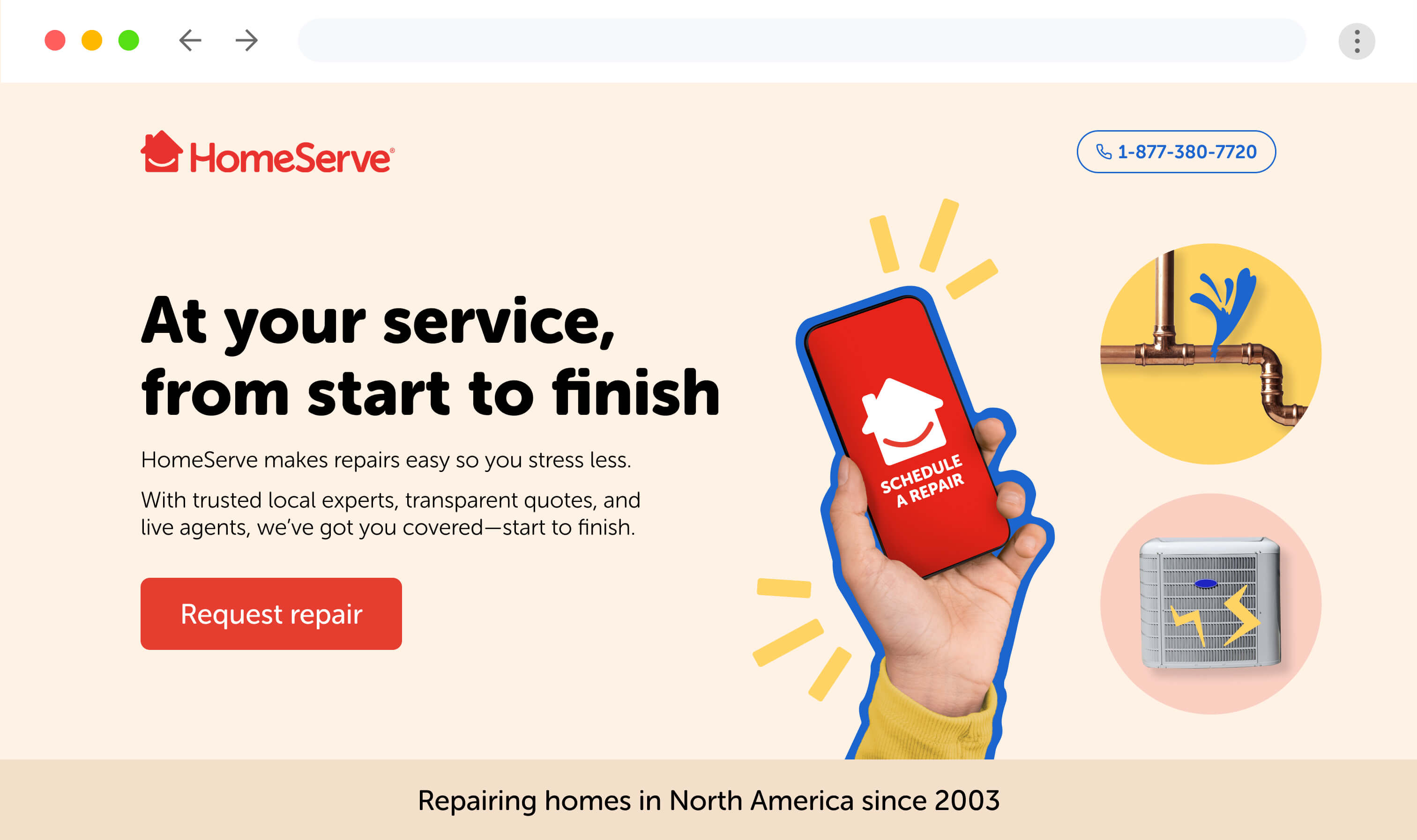 HomeServe landing page advertising customer support from start to finish.