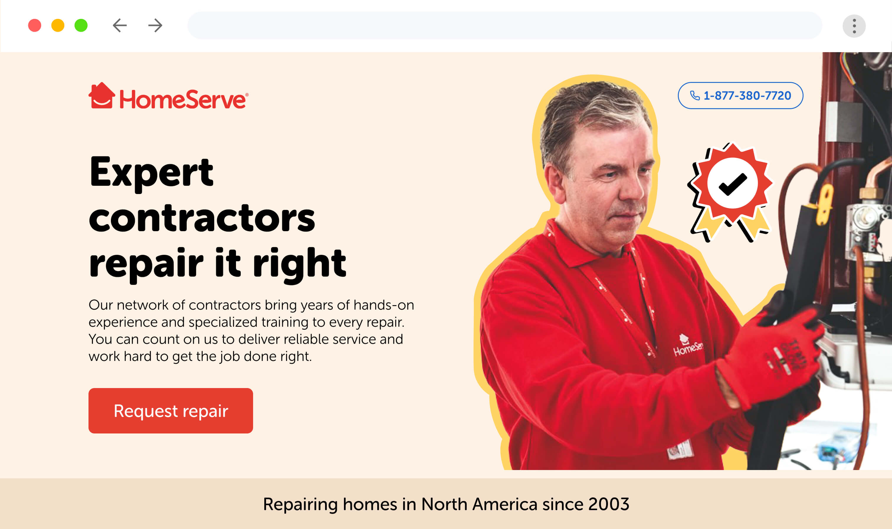 HomeServe landing page advertising expert contractors who get the repair right.