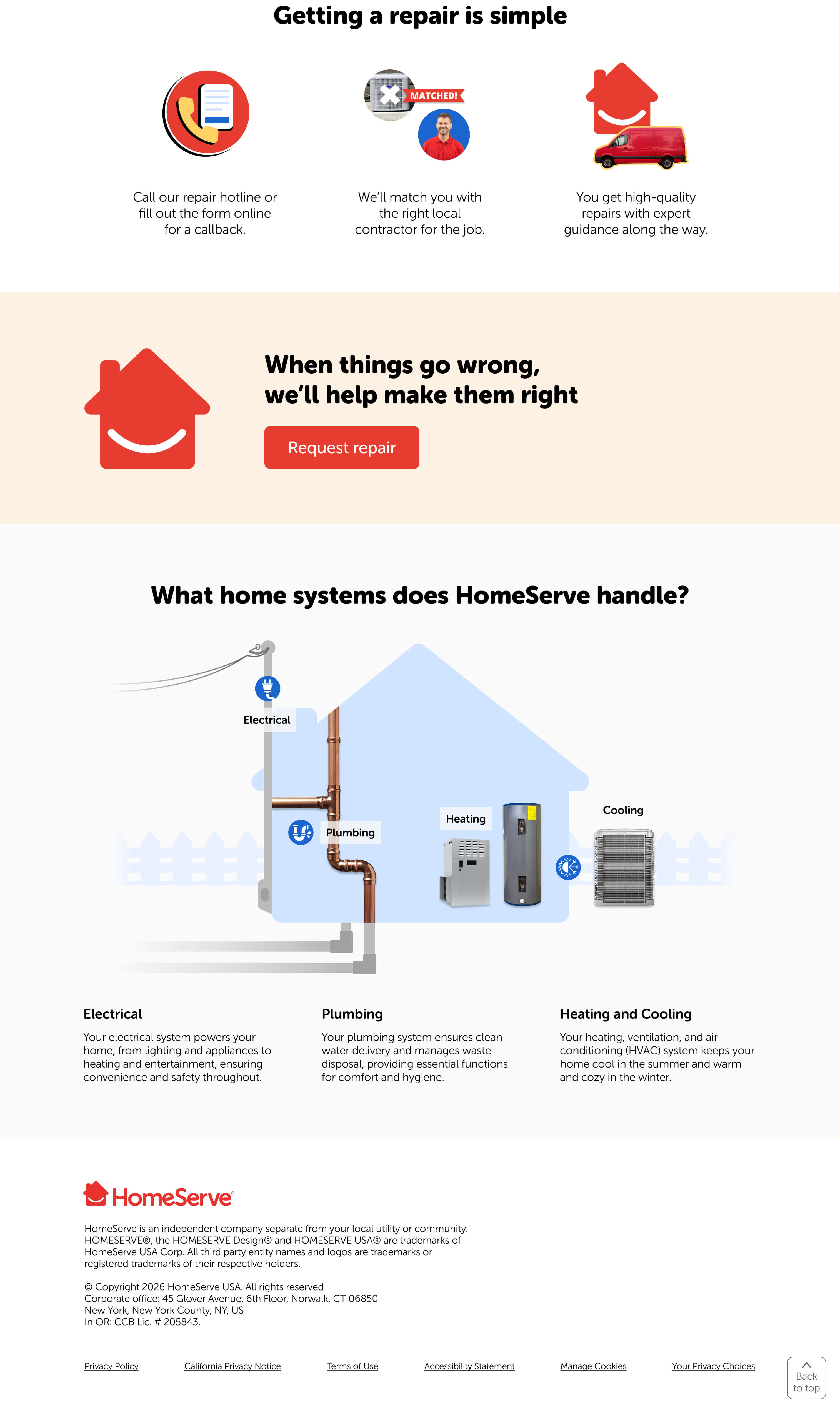 HomeServe landing page with  affordable home repairs promo.