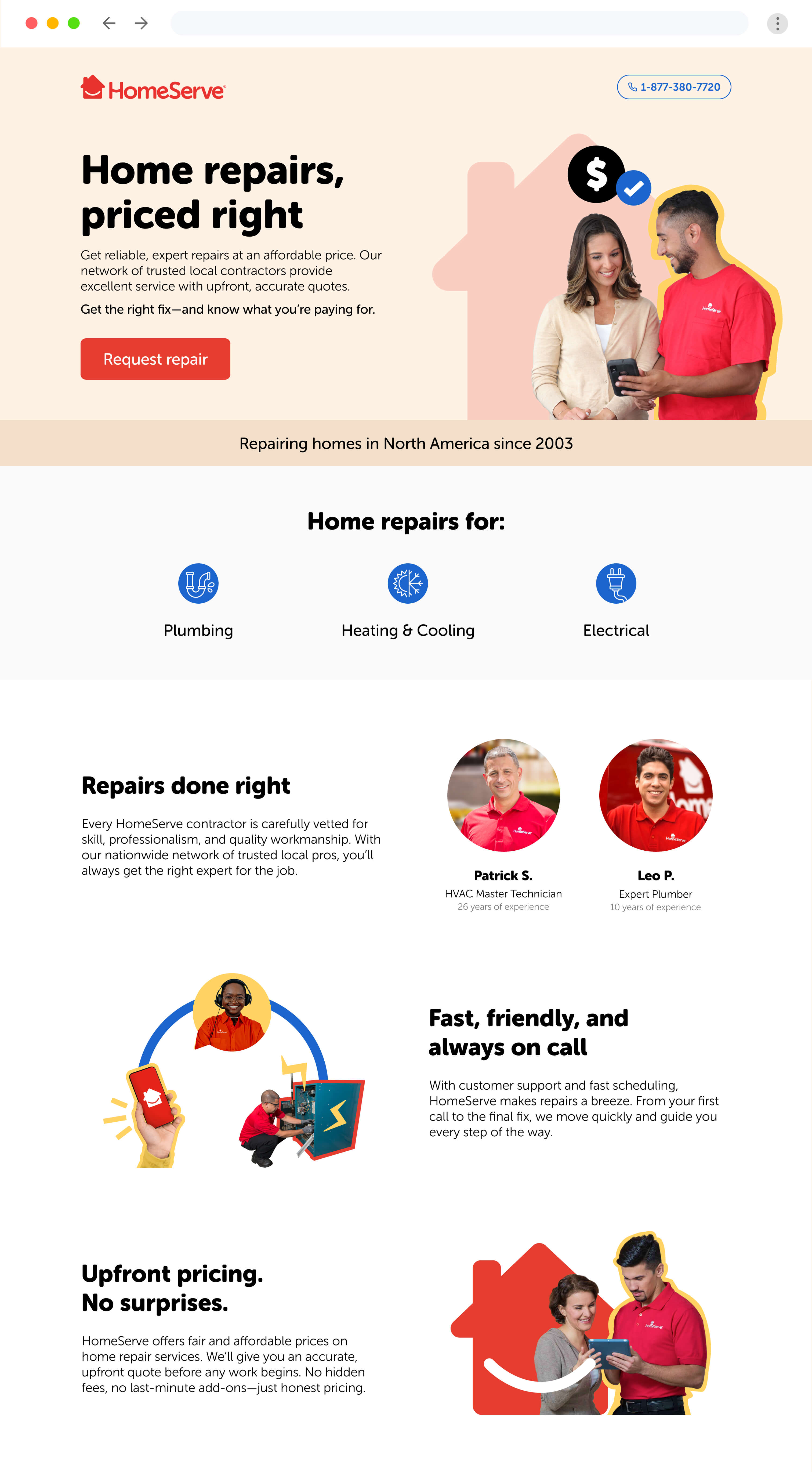 HomeServe landing page with  affordable home repairs promo.