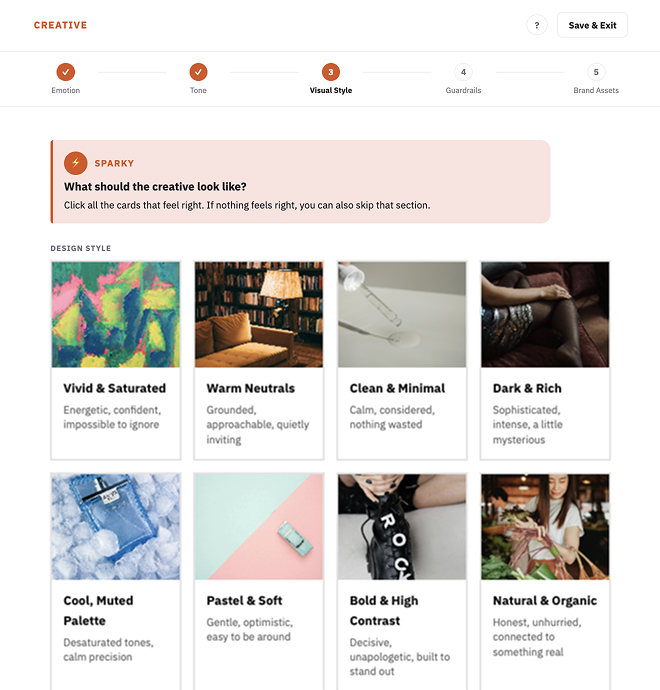 User interface titled 'CREATIVE' showing a multi-step creative briefing process with steps Emotion, Tone, Visual Style, Guardrails, and Brand Assets. Step 3 Visual Style is active, with instructions under a pink 'SPARKY' banner asking what the creative should look like and inviting users to select cards. Eight design style cards are displayed: Vivid & Saturated (energetic, confident), Warm Neutrals (grounded, approachable), Clean & Minimal (calm, considered), Dark & Rich (sophisticated, intense), Cool Muted Palette (desaturated, calm), Pastel & Soft (gentle, optimistic), Bold & High Contrast (decisive, unapologetic), and Natural & Organic (honest, unhurried). Each card includes a representative image and descriptive keywords.