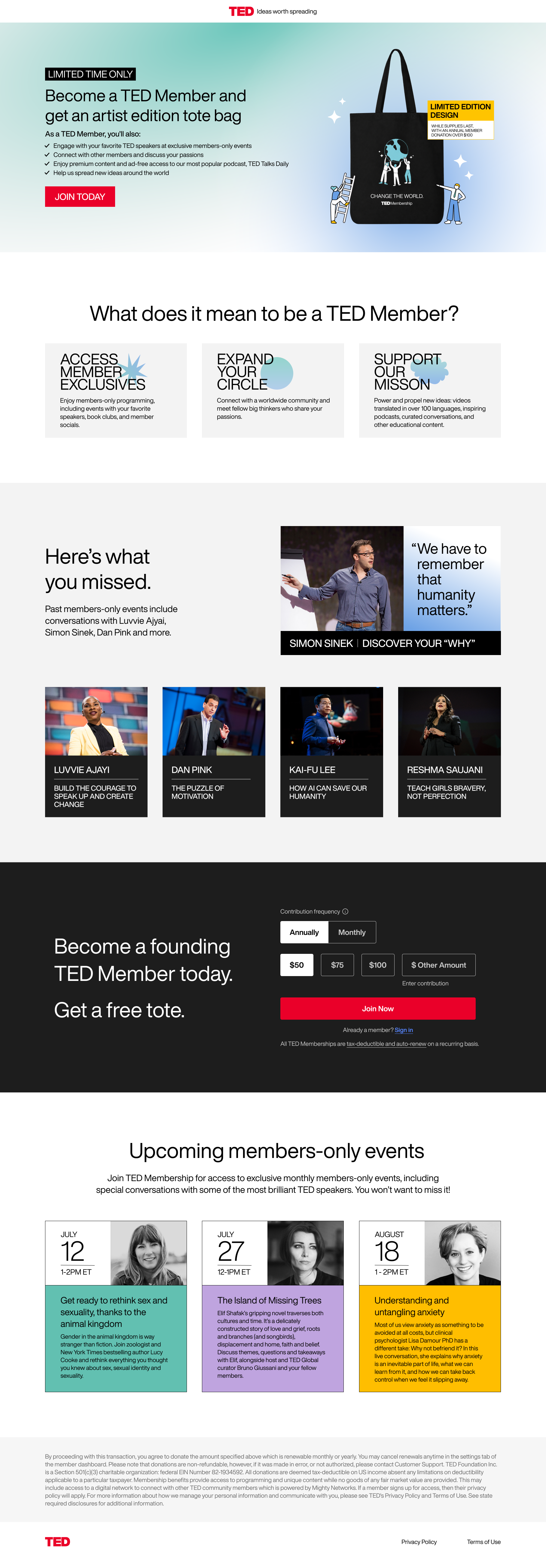 TED Membership offer page showing an artist edition tote bag with the text 'Change the World.' Highlights include member benefits, a quote from Simon Sinek, past member-only events with speakers Luvvie Ajayi, Dan Pink, Kai-Fu Lee, Reshma Saujani, and upcoming members-only events in July and August about topics like gender, culture, and anxiety. There's a contribution section with annual and monthly options and preset amounts. The page encourages joining to get a free tote and access exclusive events and content.