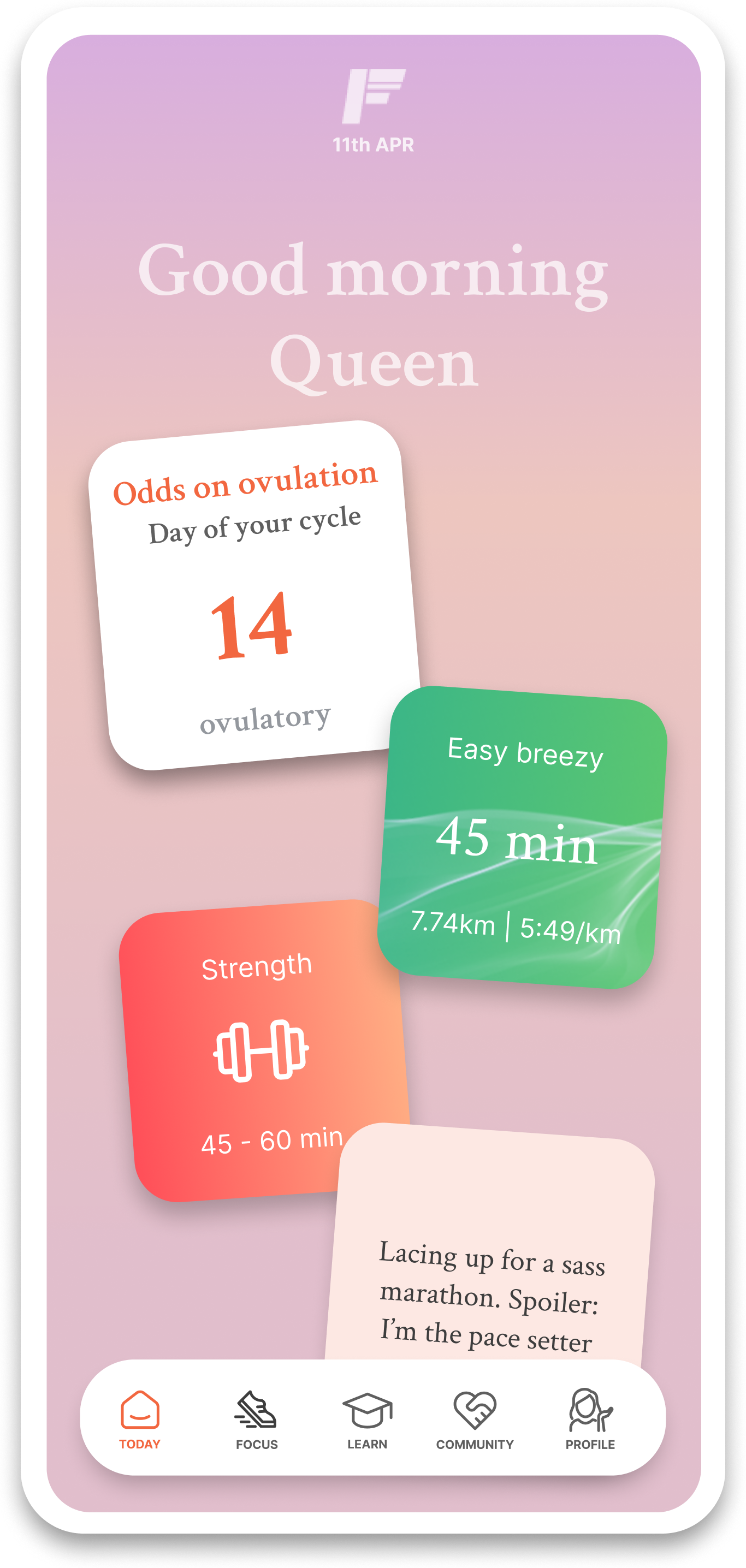 An image of the Femmi App home screen with different cards on it.
