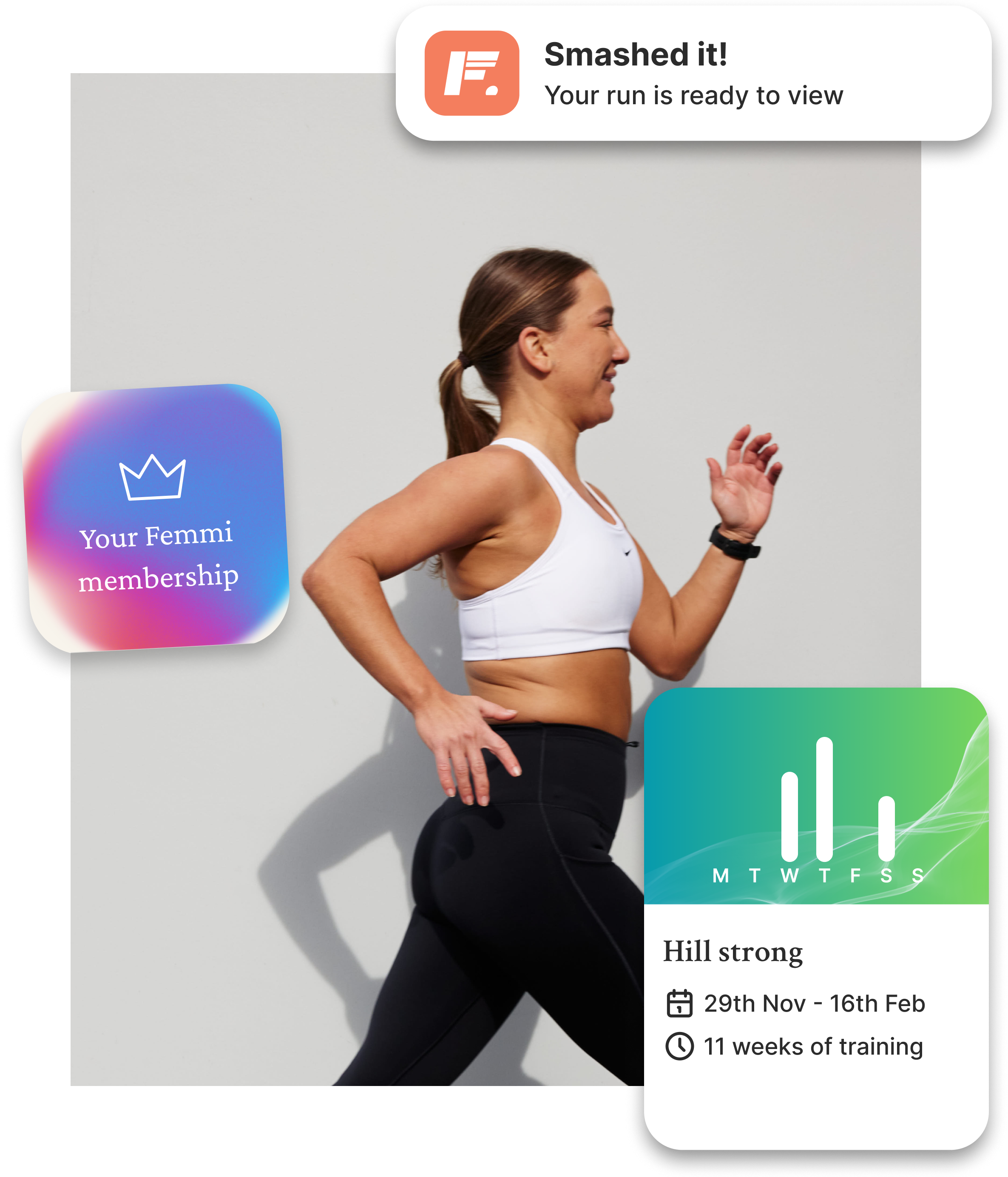 An image of a young woman running with information about her workout inlaid