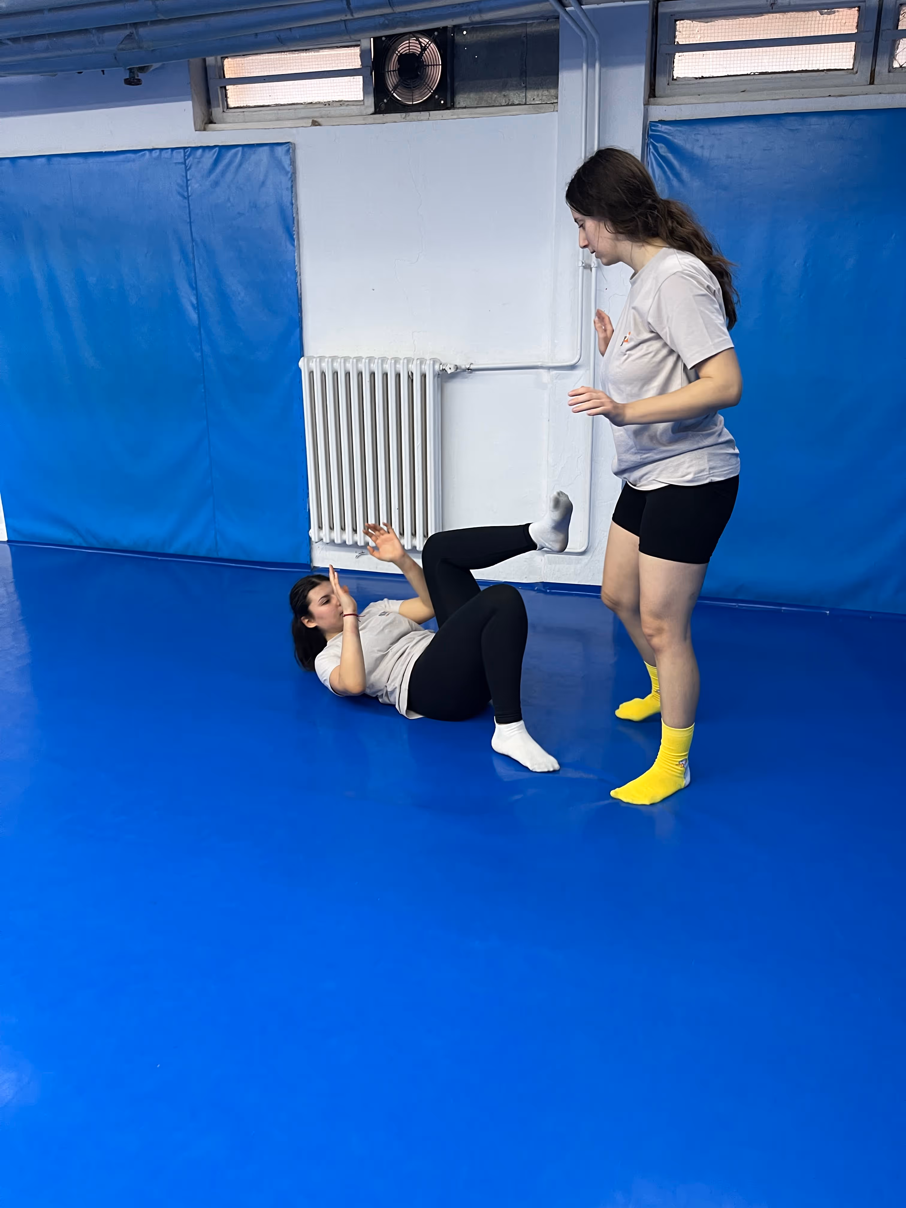 Polaznici Krav Maga treninga demonstriraju tehnike tokom testiranja za P nivo u sali, pod nadzorom instruktora