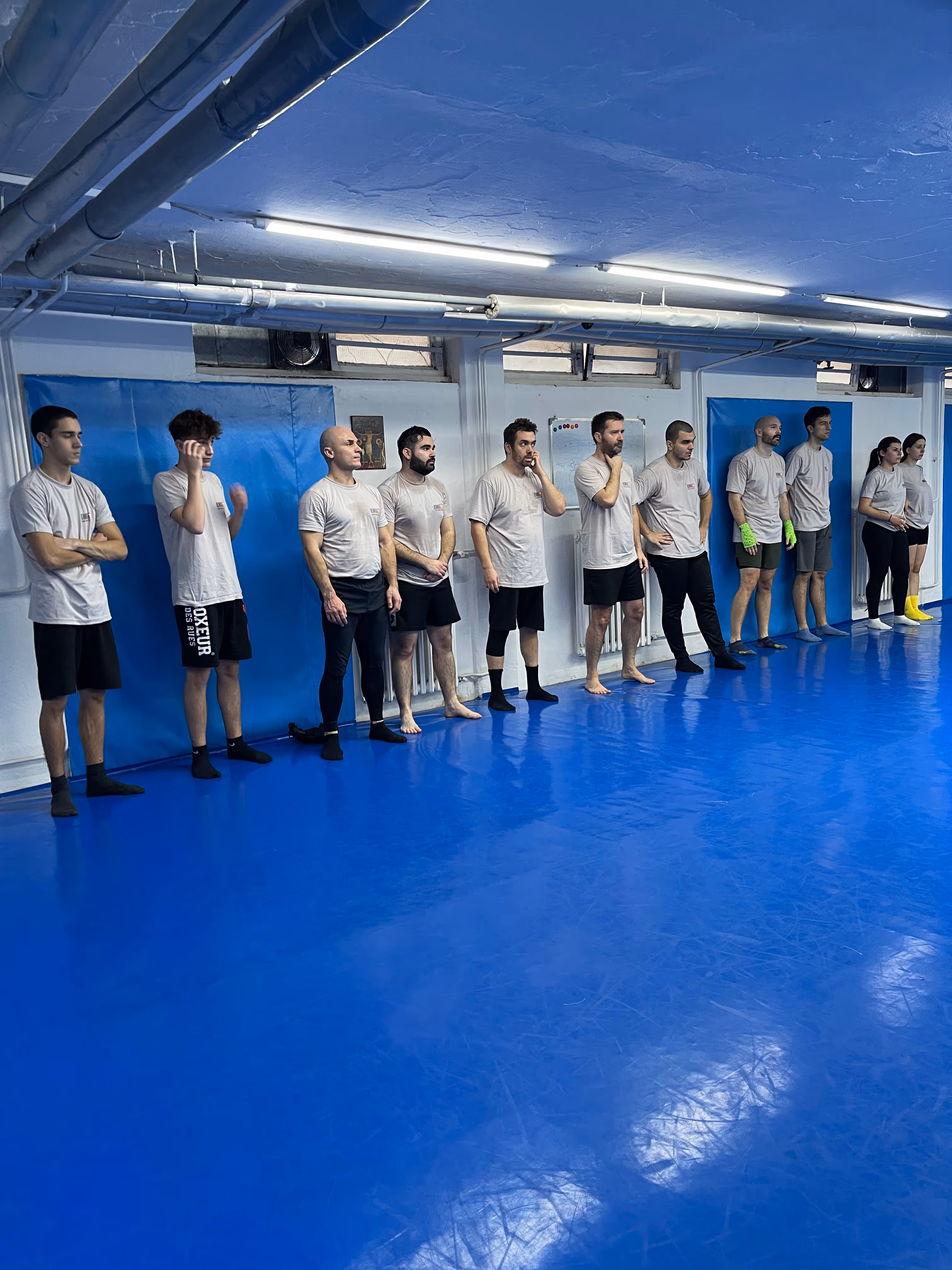 Polaznici Krav Maga treninga demonstriraju tehnike tokom testiranja za P nivo u sali, pod nadzorom instruktora