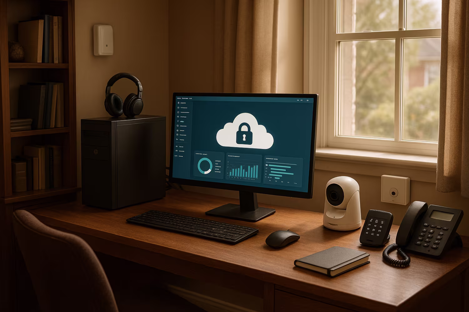 Professional home office showcasing cloud security practices