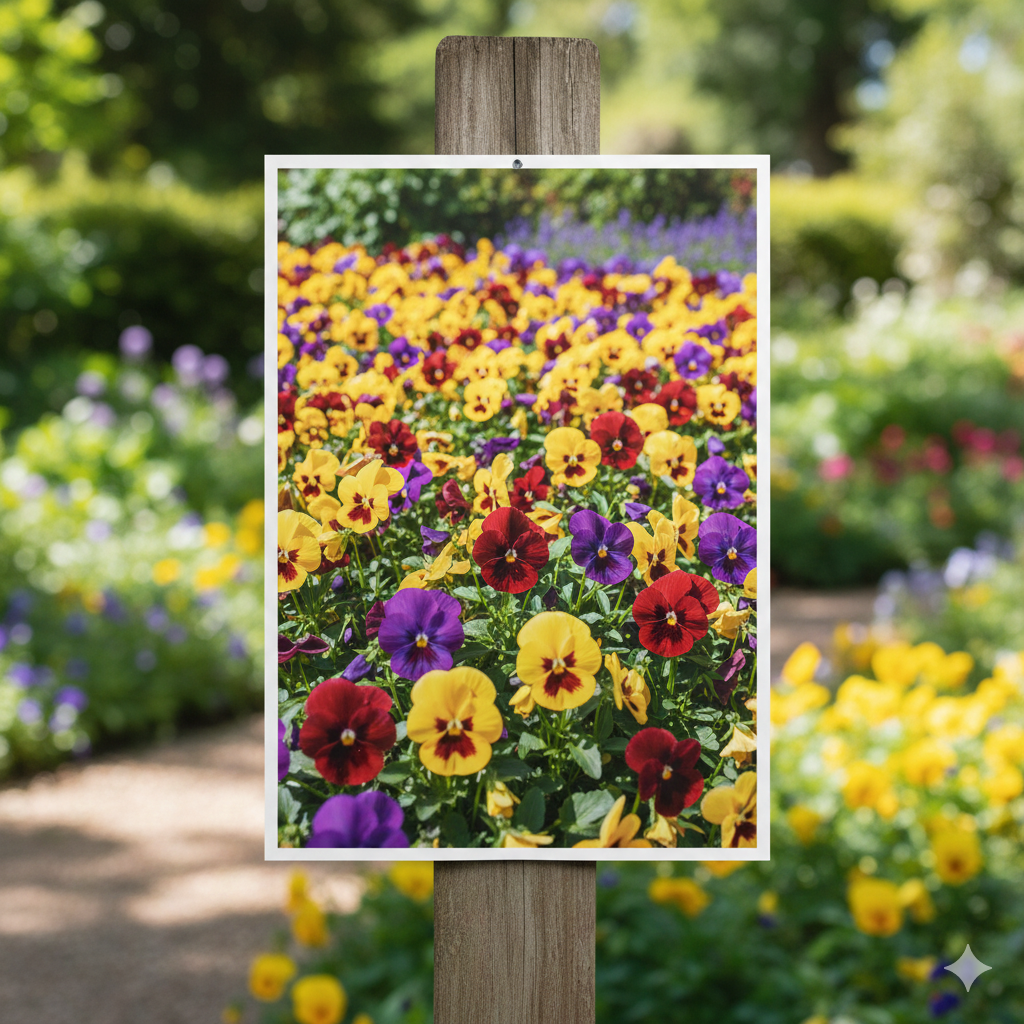 Colorful red, yellow, and purple pansies in a garden with a close-up photo pinned to a wooden post.
