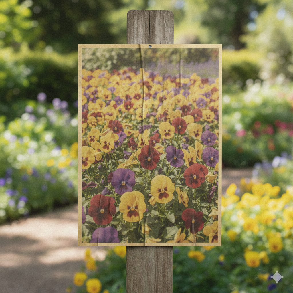Wooden post with a poster of colorful pansy flowers in yellow, red, and purple in a blurred garden background.