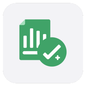 Green icon with a document showing bar charts and a checkmark symbol in a circle.