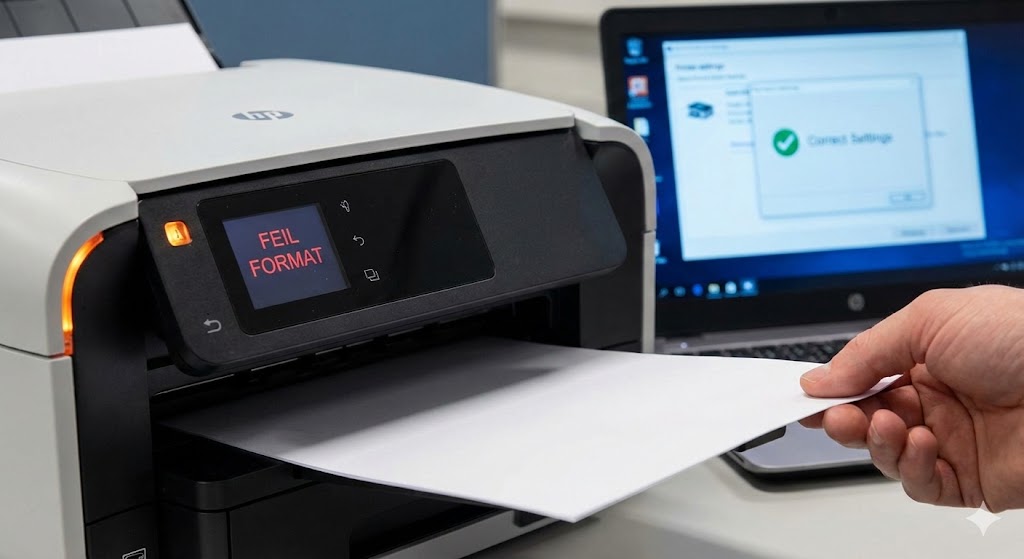 Hand pulling a blank paper from an HP printer displaying a 'FEIL FORMAT' error message, with a laptop in the background showing 'Correct Settings' on the screen.