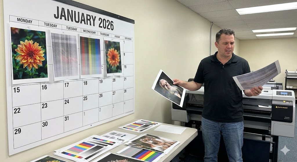 Wooden signpost with a pin holding a picture of colorful red, yellow, and purple pansy flowers in a garden setting.