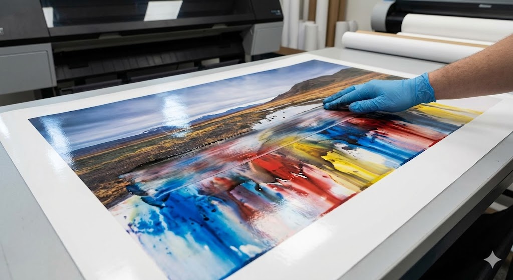 Wooden signpost with a pin holding a picture of colorful red, yellow, and purple pansy flowers in a garden setting.