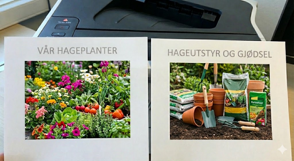Wooden signpost with a pin holding a picture of colorful red, yellow, and purple pansy flowers in a garden setting.
