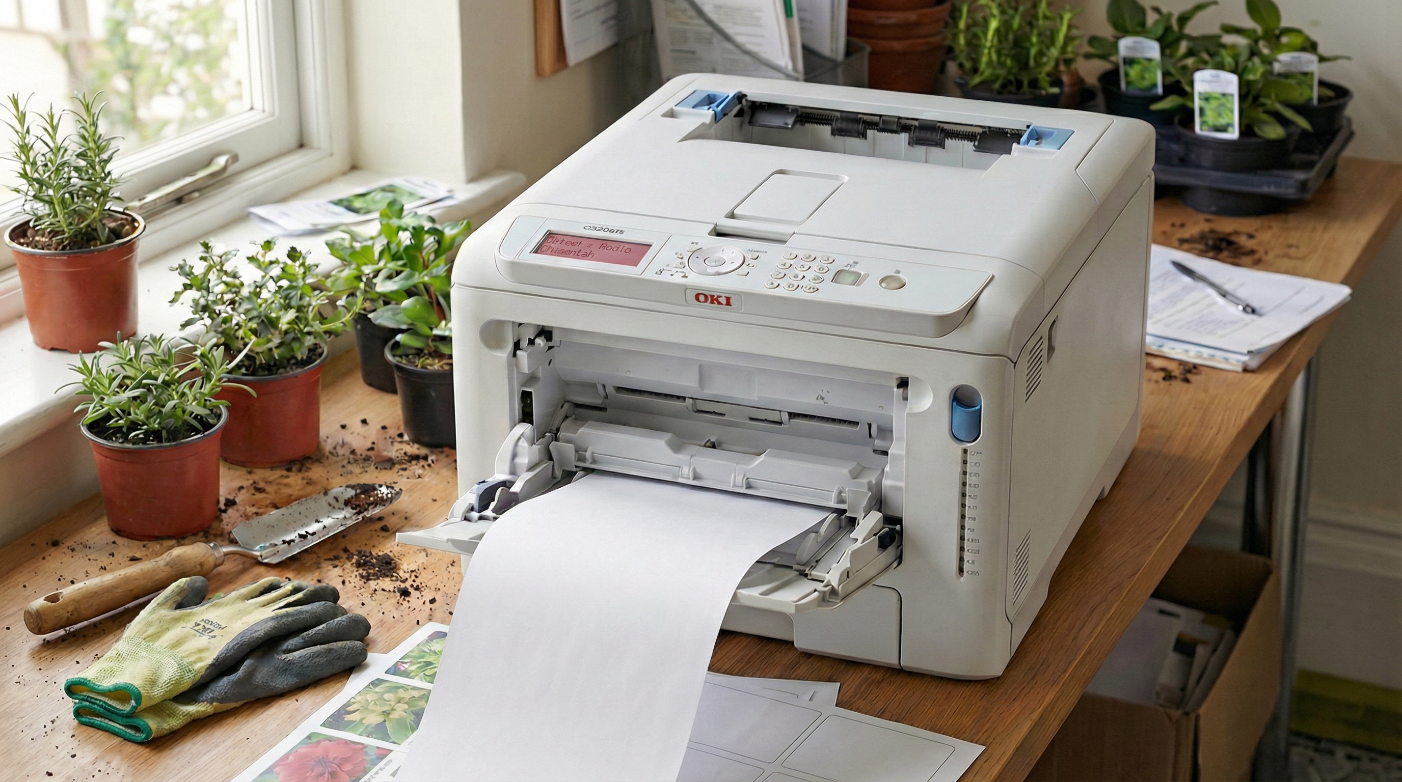 Hand pulling a blank paper from an HP printer displaying a 'FEIL FORMAT' error message, with a laptop in the background showing 'Correct Settings' on the screen.