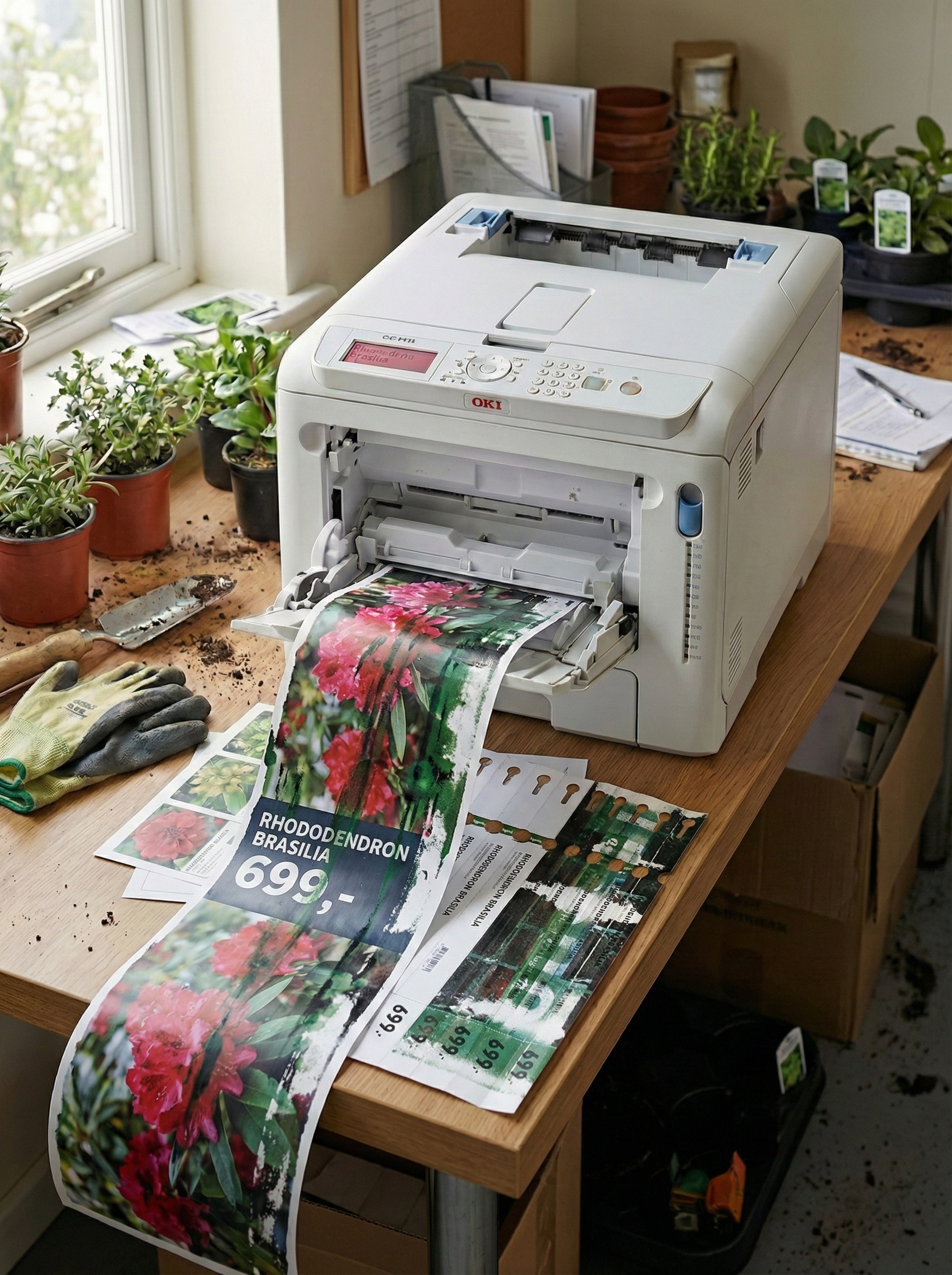Wooden signpost with a pin holding a picture of colorful red, yellow, and purple pansy flowers in a garden setting.