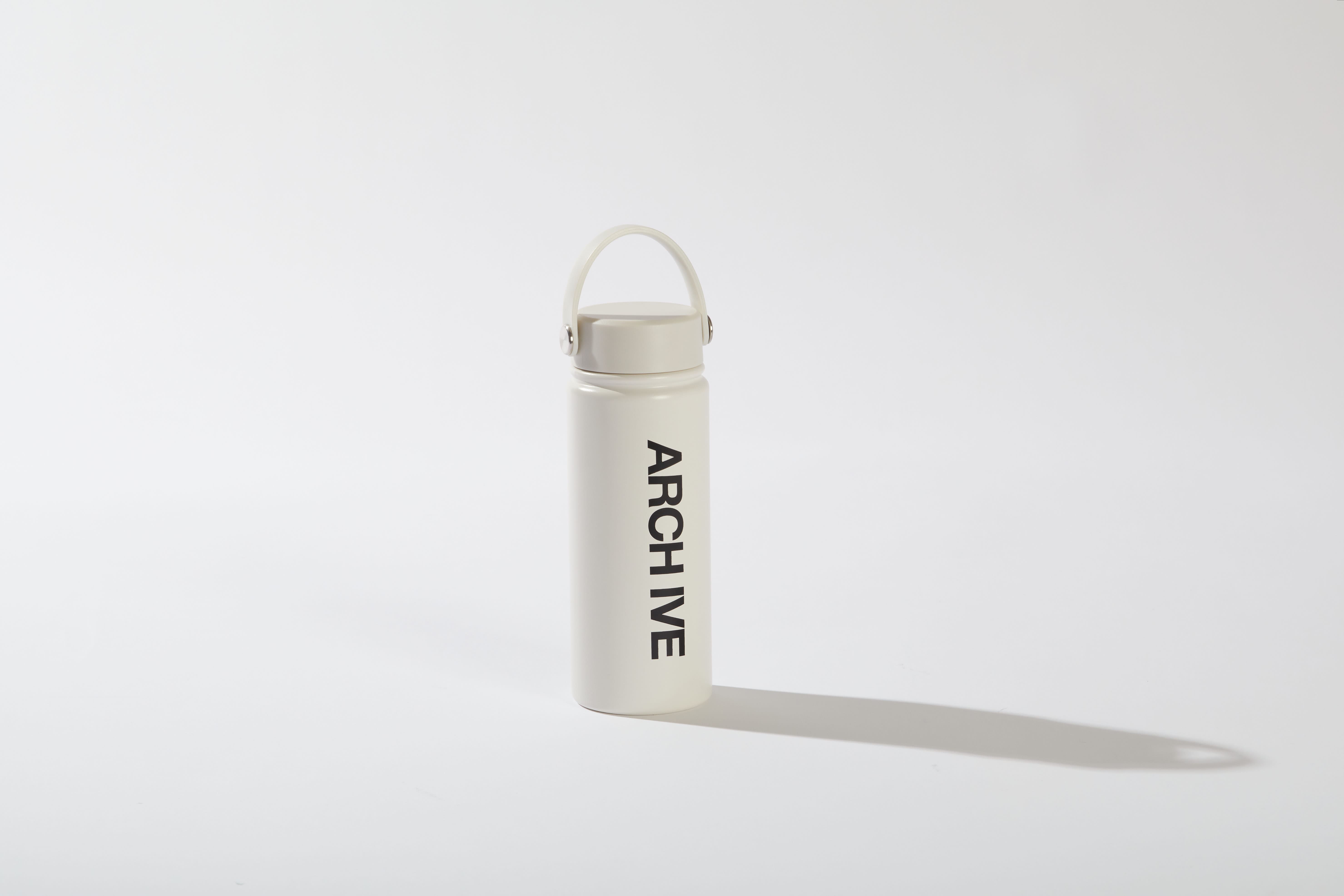 A white water bottle featuring the word “ARCHIVE” printed prominently along its side.