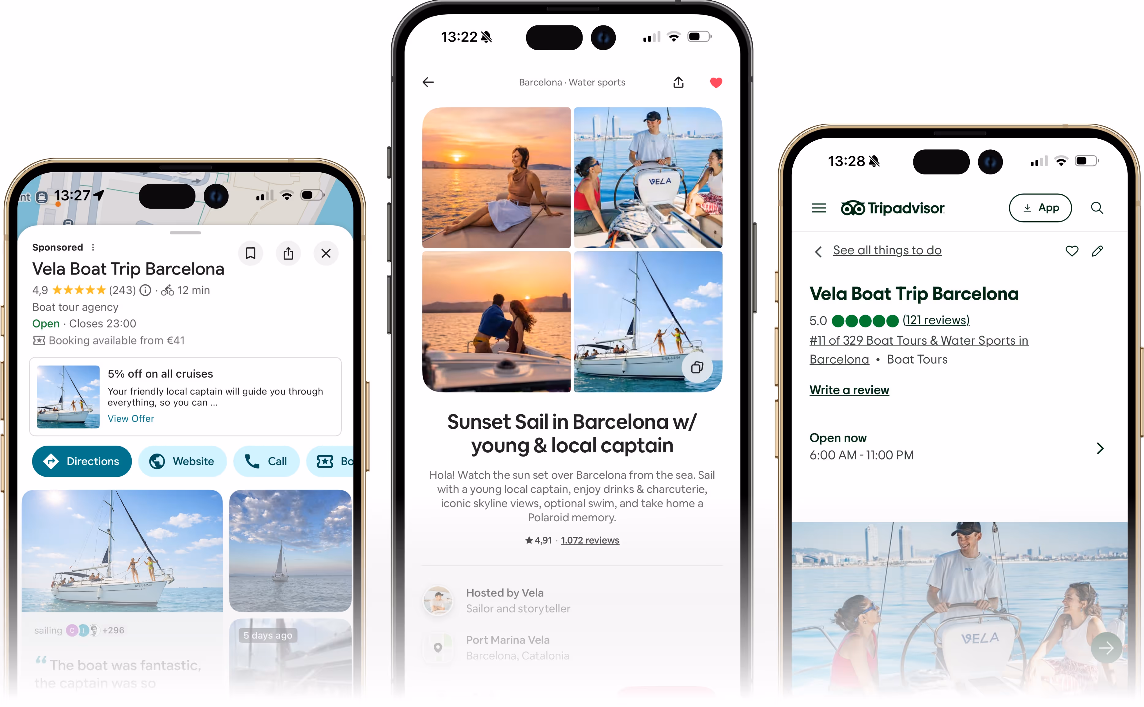 Three smartphones showing details of Vela Boat Trip Barcelona including ratings, photos of sailing, descriptions, and booking options.