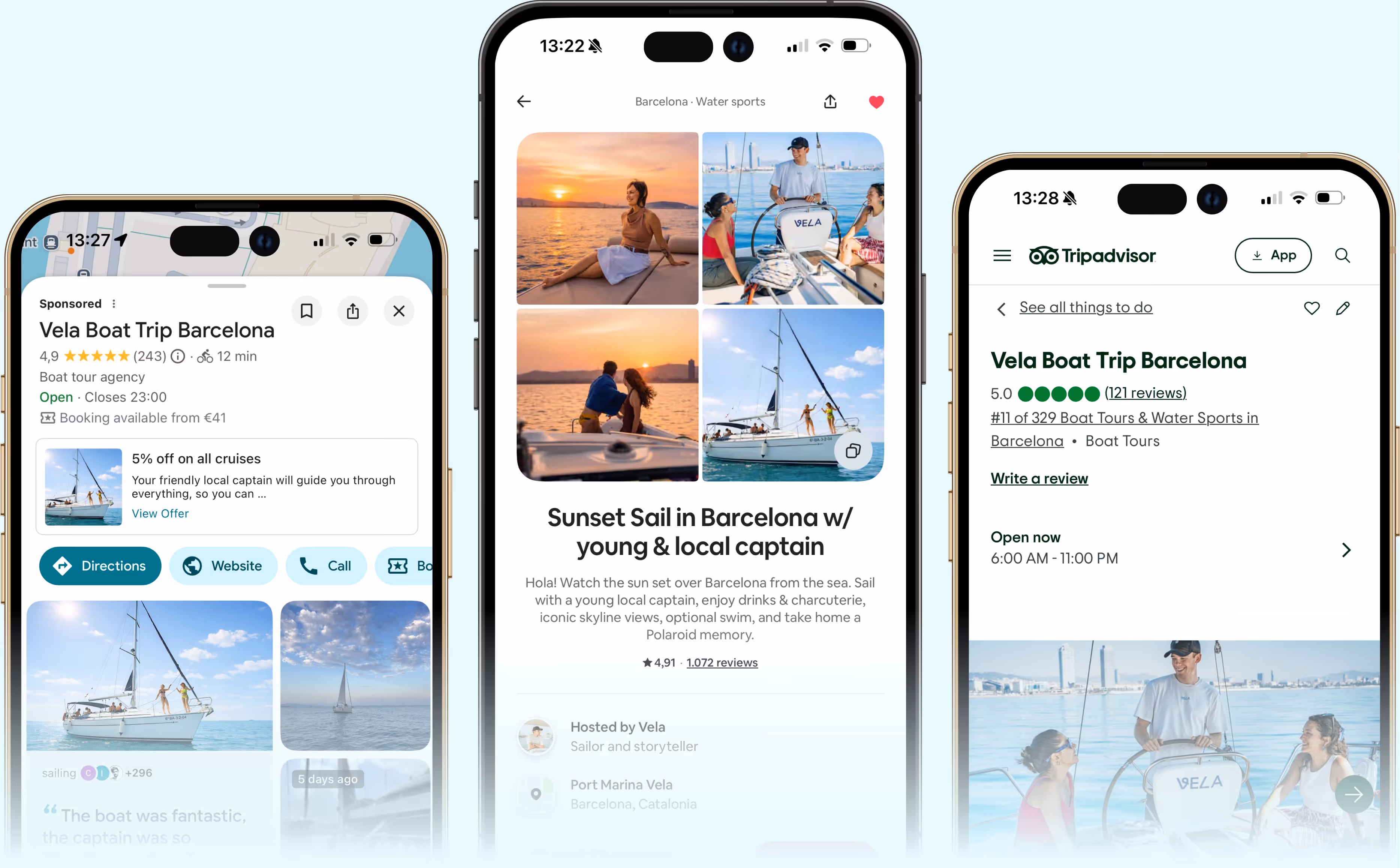 Two women smiling and sitting on a sailboat docked near a marina with modern city buildings in the background.