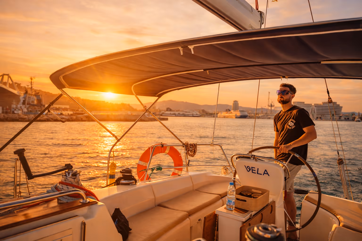 Man steering a sailboat at sunset with calm water and city buildings in the background.