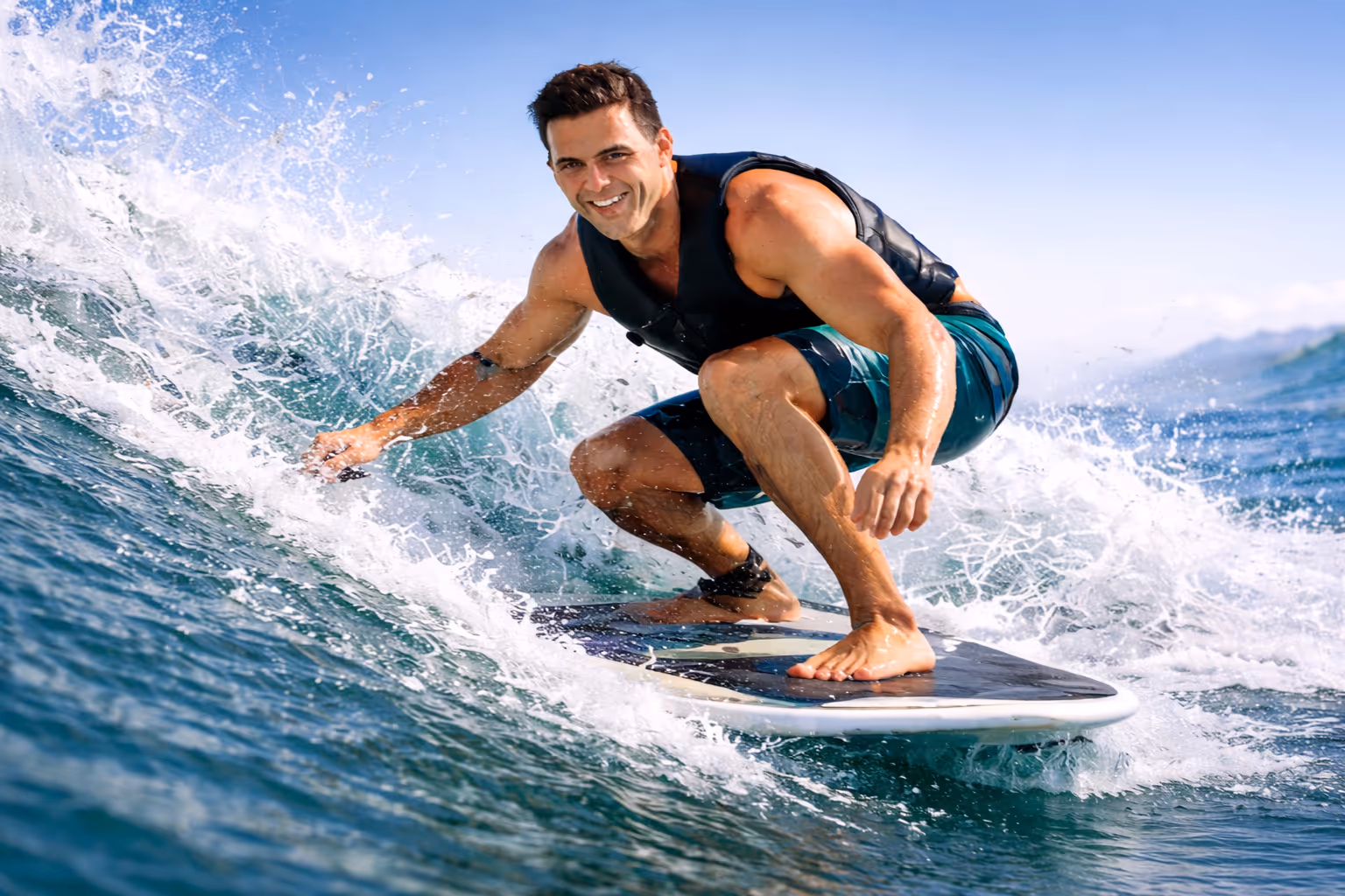 Woman in a black bikini climbing a boat ladder from the blue ocean while another person floats on an inner tube in the background.
