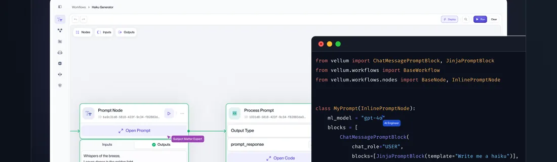 Vellum product UI: the visual workflow builder and the SDK code side by side