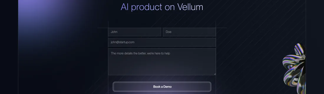 Vellum closing call to action: one form, one Book a Demo button
