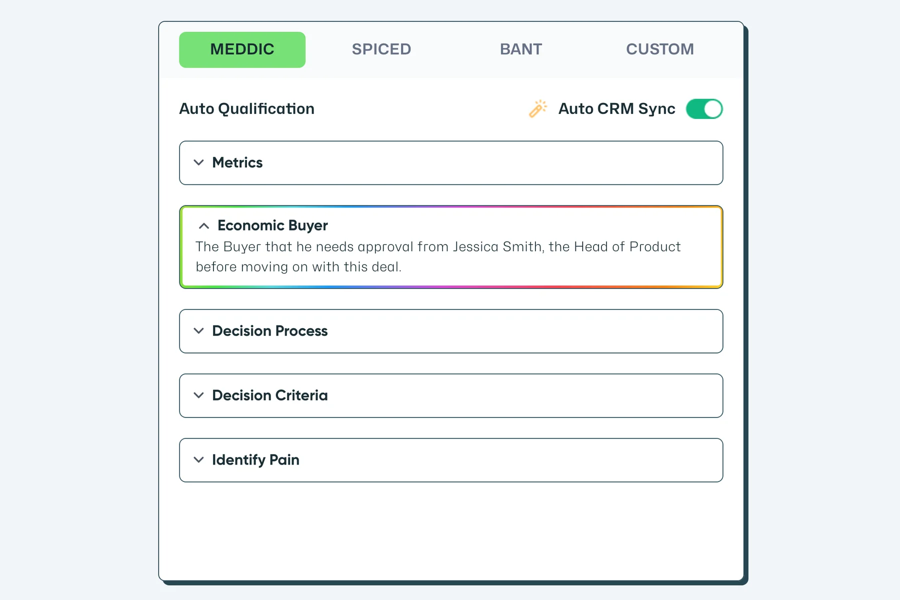 Glyphic AI website: the auto-qualification product UI, one MEDDIC field highlighted, with Auto CRM Sync switched on