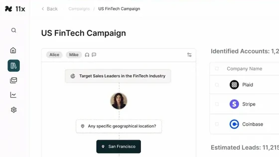 11x product UI, framed on the site: a campaign targeting flow beside the accounts it identified